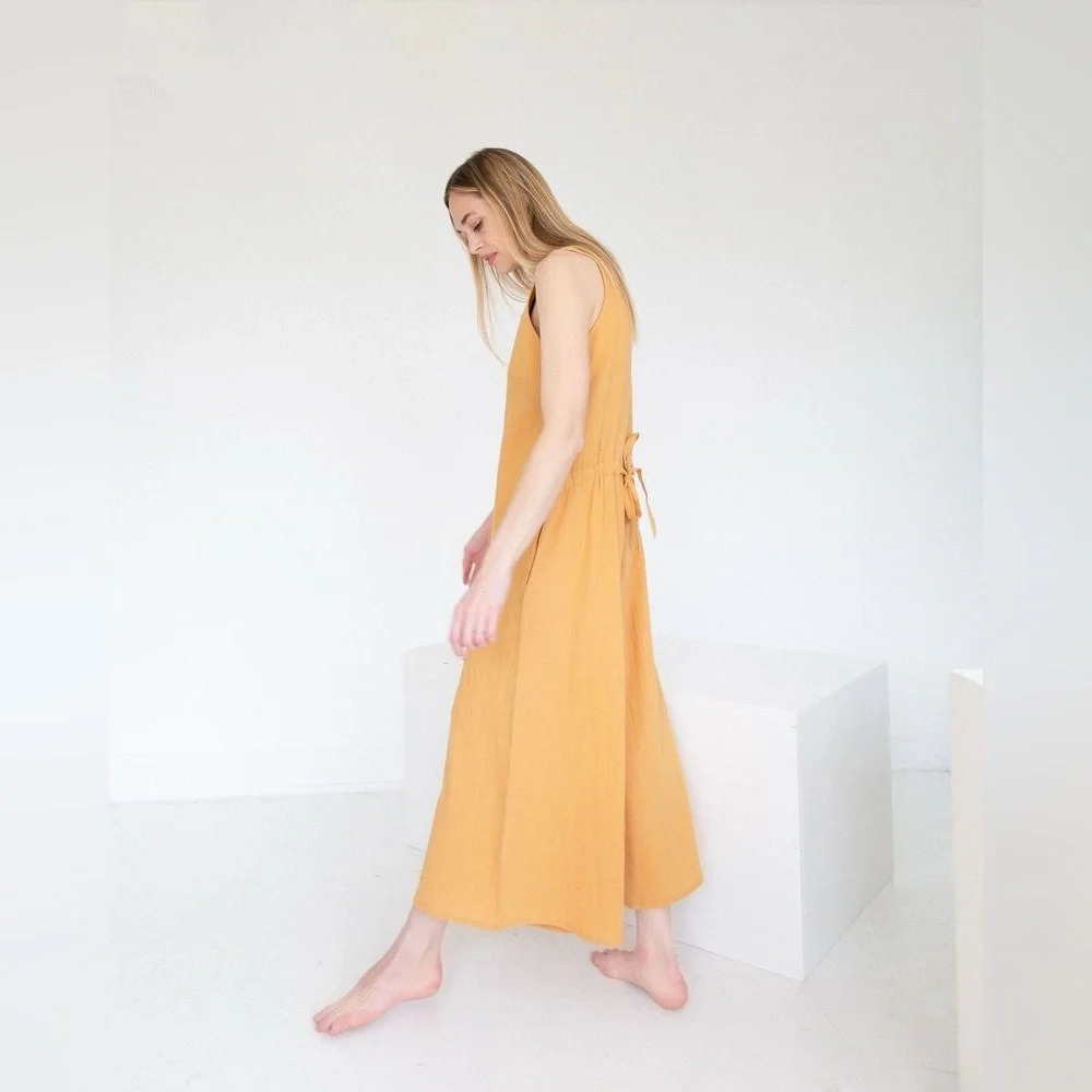 7115 BY SZEKI Wide Legged Linen Cotton Jumpsuit in Golden Yellow - Picture 4 of 13